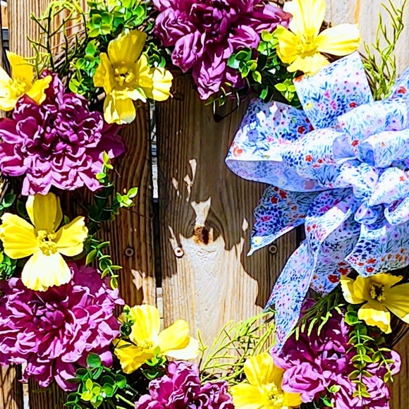 HAND CRAFTED SPRING FLORAL GRAPEVINE WREATH 20" FRONT DOOR DECOR SILK RIBBON 20" - Picture 8 of 12